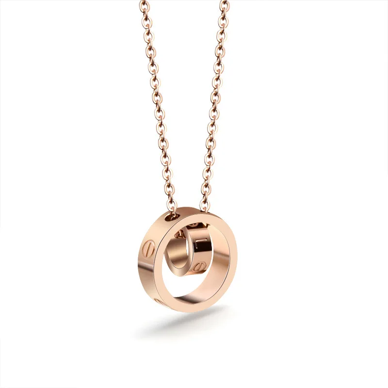 

High Quality Fashion Women 18K Rose Gold Plated Stainless Steel Double Ring Necklace