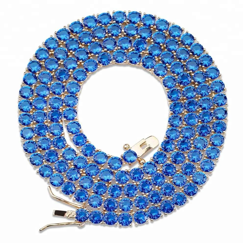 

4MM CZ Tennis Chain Necklace Hip Hop Jewelry Blue Diamond Tennis Necklaces Pink Cubic Zirconia Choker 2021, Pink&blue