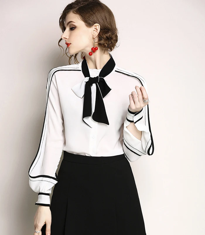 

Long Sleeve Autumn Butterfly Neck Design White Blouse Ladies