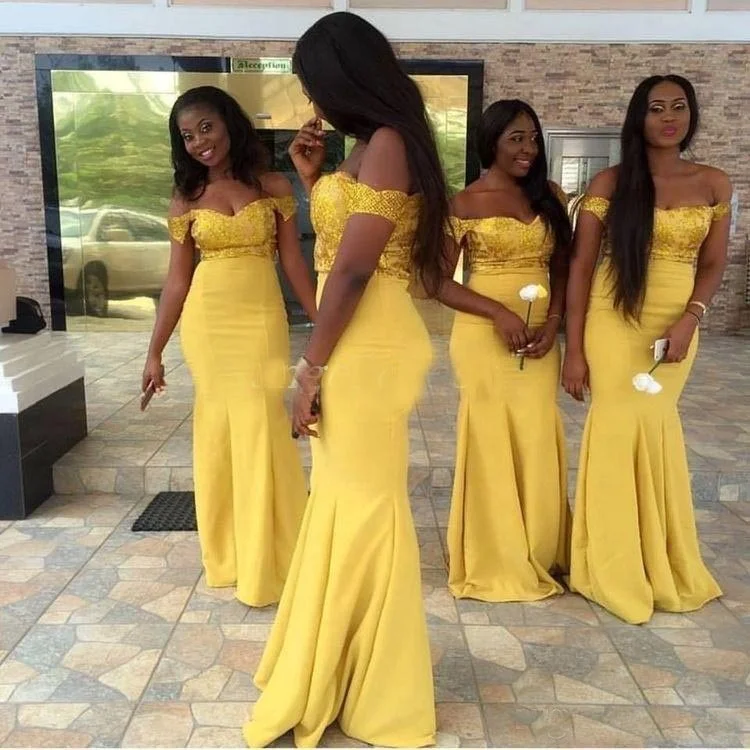 

Sexy African Mermaid Bridesmaid Dresses 2020 Off Shoulder Yellow Appliques Plus Size Maid Of Honor Gowns