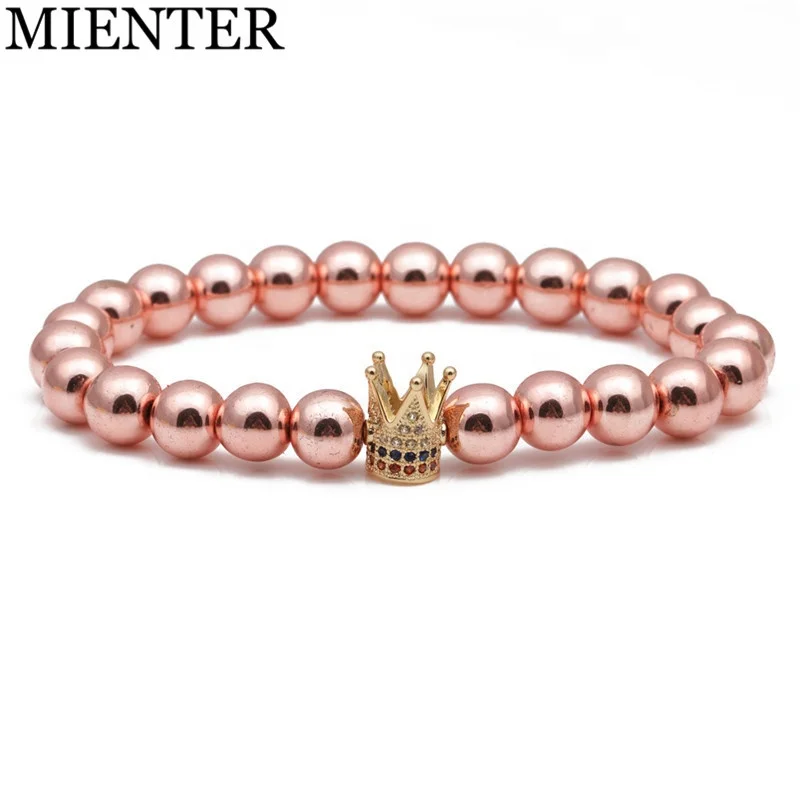 

High quality women men natural stone hematite beads CZ crown beaded bracelet unisex, Picture