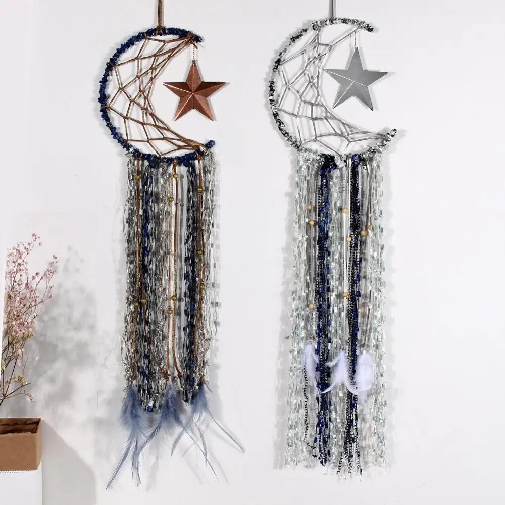 

Artilady Handmade Half Circle Moon Design Dream Catcher Feather Wall Hanging with Star Home Decoration Ornament Festival Gift