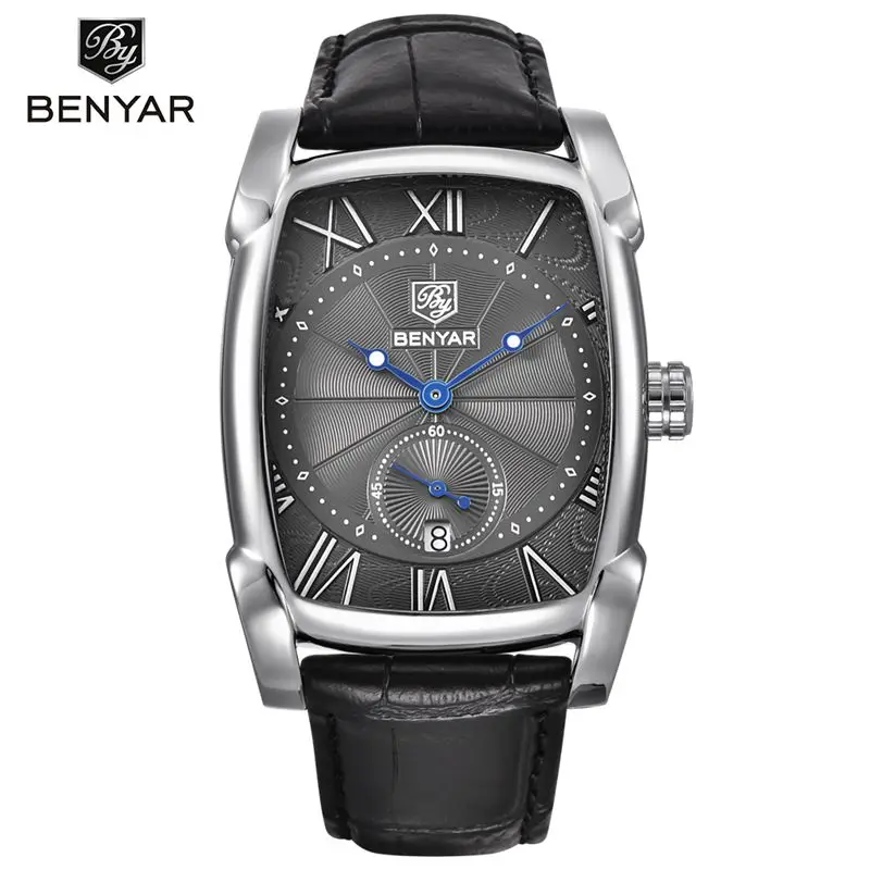 

BENYAR 5114 Brand Luxury Watches Fashion Square Business Calendar Clock Leather Strap Waterproof Sports Quartz Men Wrist Watches