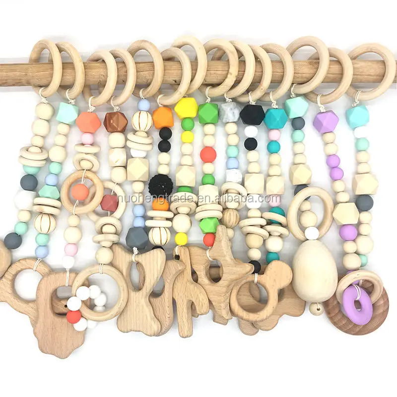 

Wooden Teether Baby Play Gym Pram Toys Chew Silicone Teething Beads Stroller Hanging Toy