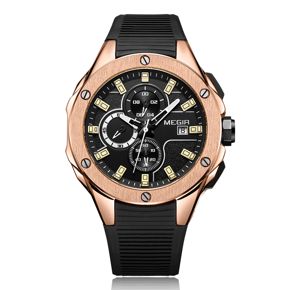 

Megir 2053 Male Silicone Wristwatch Date Quartz Multi-function Chronograph Military Sport Watches