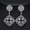 SJ Vintage Wedding Jewelry SJLE0056 Unique Bridal Brass Gold Plated Filigree Dangle Simulated Sapphire Blue Statement CZ Earring