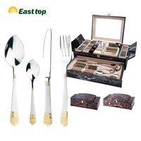 

Low MOQ 72 pcs gold plated stainless steel cutlery set with wooden case , 72pcs cutlery set