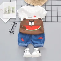 

Hot Selling Bear Kids Clothes 1-4 Years Denim Strap Two-piece Summer Children Cotton Clothing Set