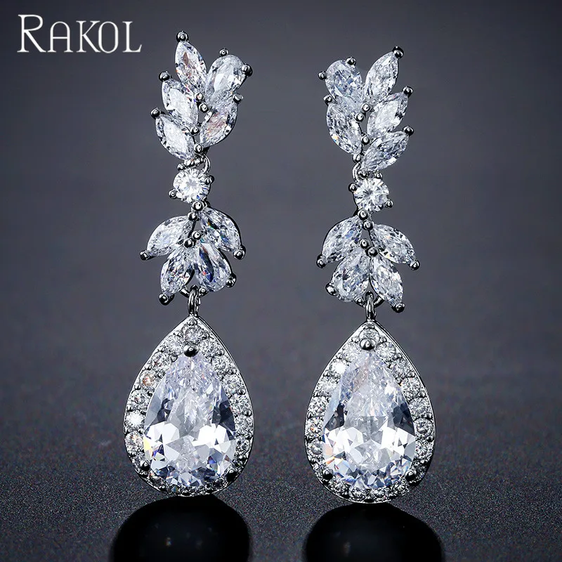

RAKOL EP2226 Latest Cooper Brass Fashion Jewelry Diamond Cubic Zirconia Long Earrings for Women
