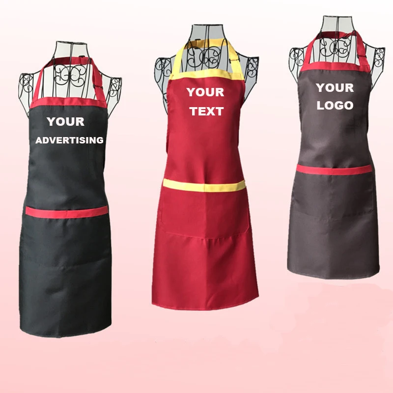 

Free Shipping Customized Your Logo Adjust Halter Custom Apron with colored rim 2 front pockets you can print your logo on top, As post