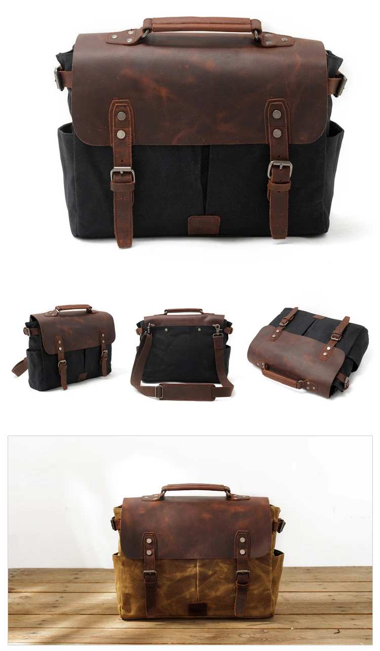 2018 Brand vintage waterproof waxed canvas business leather laptop briefcase satchel shoulder messenger bag