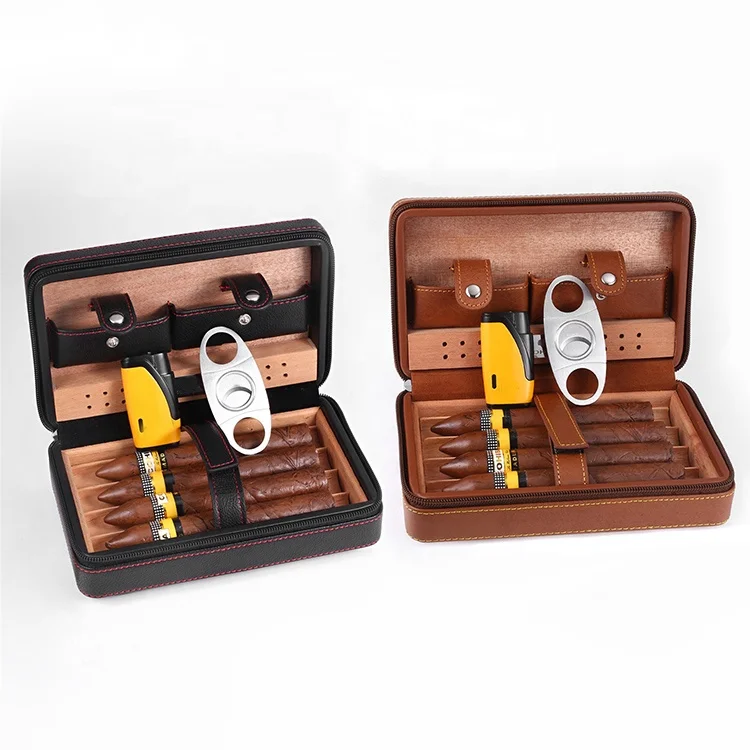 

Small Order accepted Cedar Wood Cigar Case Humidor with lighter & cutter set