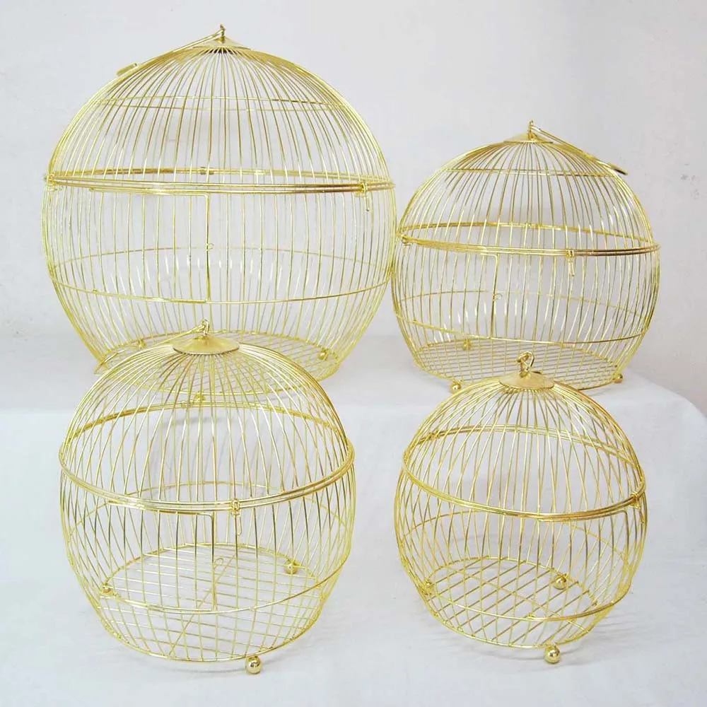 Set Of 4 Wholesale Handmade Metal Crafts Golden Round Bird Cages With