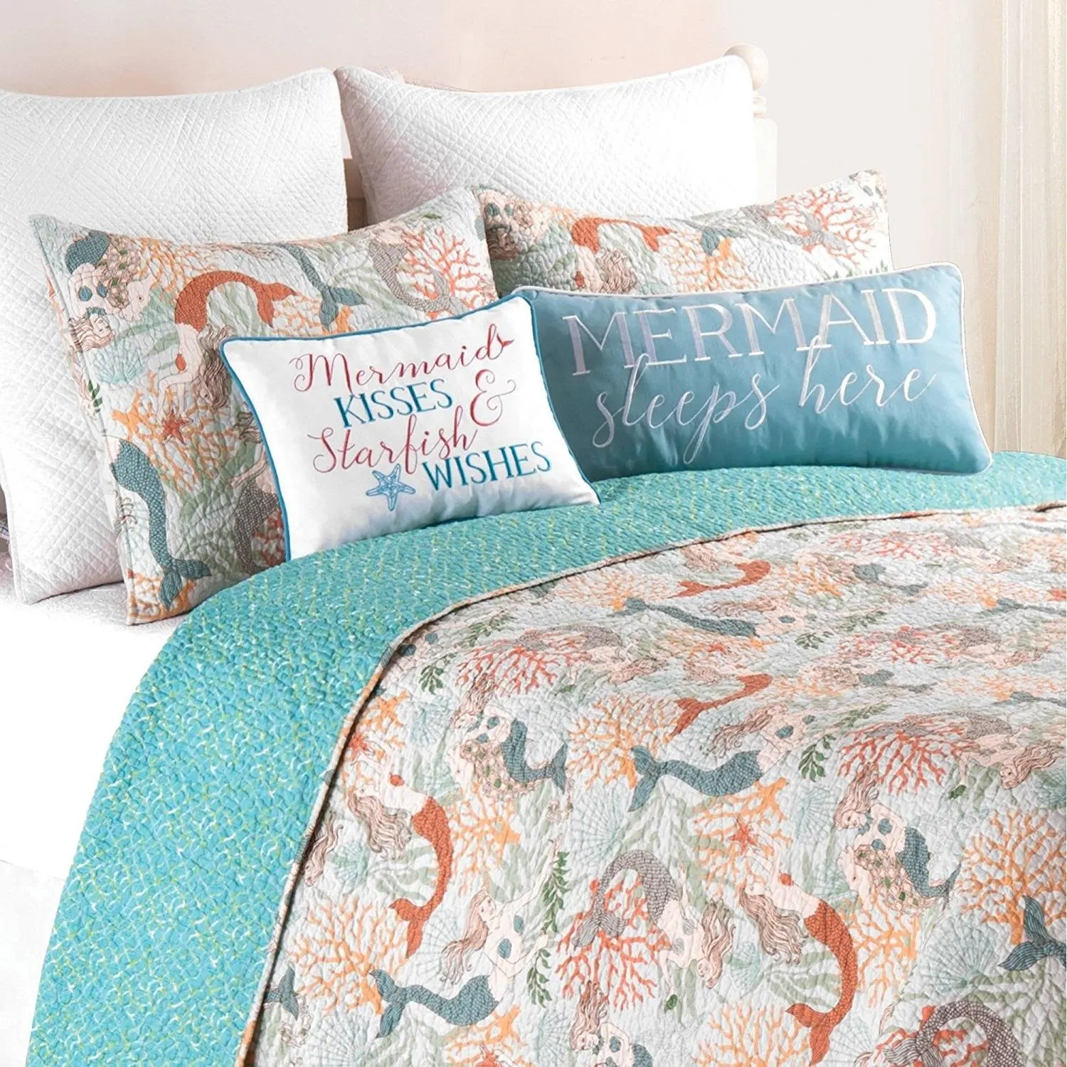 Buy 3pc Blue White Coastal Full Queen Quilt Set, Corals Lake Sea Life
