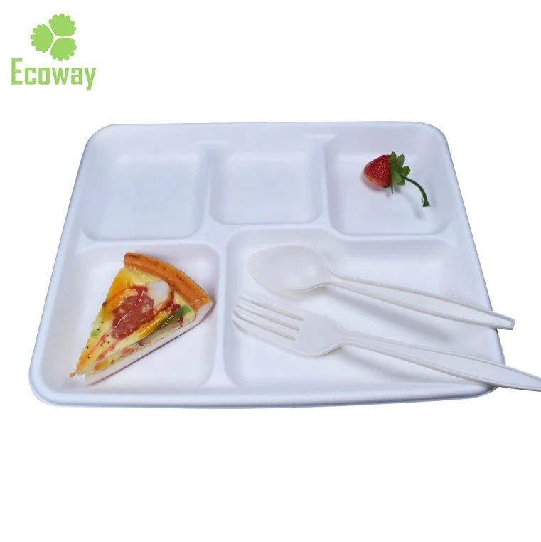 

Eco-friendly biodegradable 5 compartment disposable food tray sugarcane bagasse tray, White