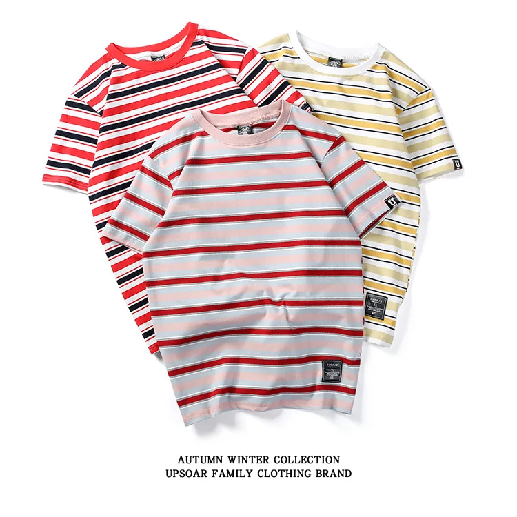 

2019 hot sale soft cotton t shirt striped men t shirt in bulk short sleeve 100% cotton mens clothes Couples mounted shirt