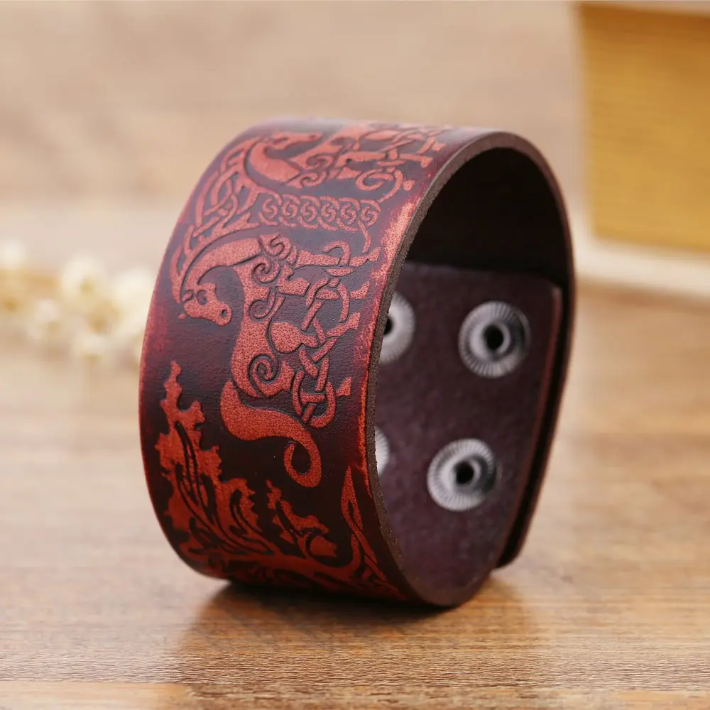 

Double Deer Amulet Nordic Talisman Viking Genuine Leather Wristband Cuff Bracelet Bangles