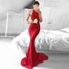 Ladies Party Wear Long Evening Dresses Fish Cut Halter Neckline Lace Red Evening Gown