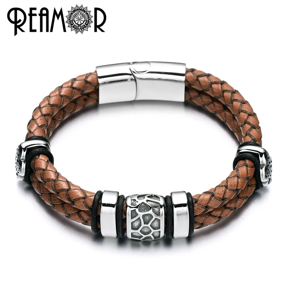 

REAMOR 316l Stainless Steel Irregularly Cracked Bead Multilayer Brown Genuine Braided Leather Bracelets For Men Bangle Jewelry