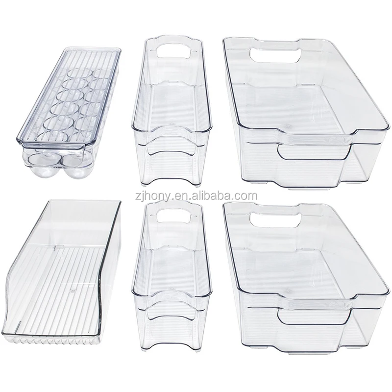 Set of 6 - Plastic Fridge Organizer with Handles BPA Free Clear Refrigerator Freezer Bins