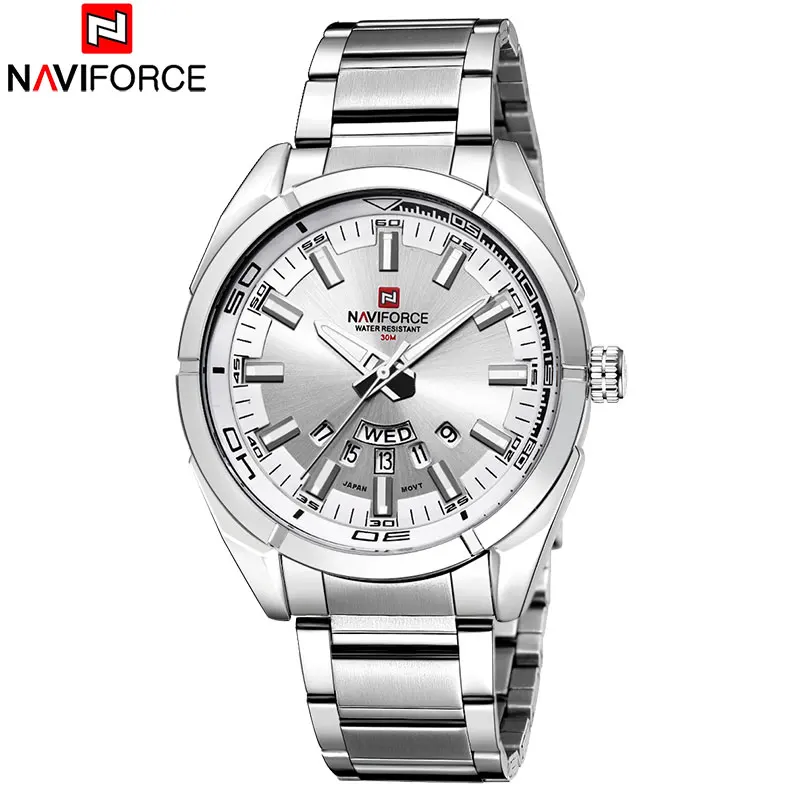 

NAVIFORCE 9038 Custom Logo OEM Watch Business Stainless Steel Band Analog Quartz Calendar Wristwatch Men Watches, 4 color for you choose