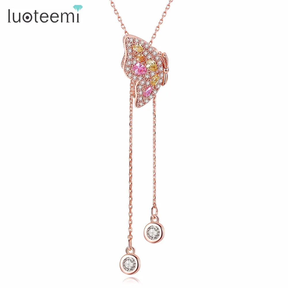 

LUOTEEMI Wholesale Cute Butterfly Shape Pendant Necklace Mounting Colorful Zircon Crystal Stone For Women Banquet Party Gift