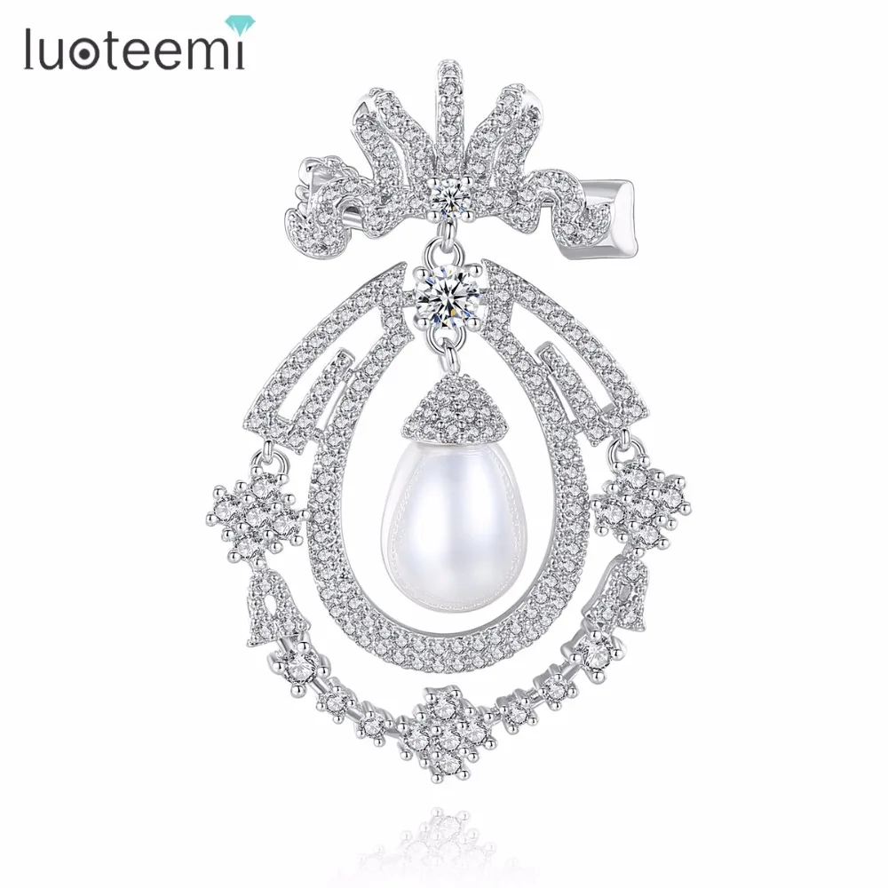 

LUOTEEMI Charming Fashion Regular Geometric Shape CZ Brooches With Big Water-drop Shape Pearl For Women Wearing Daily-life