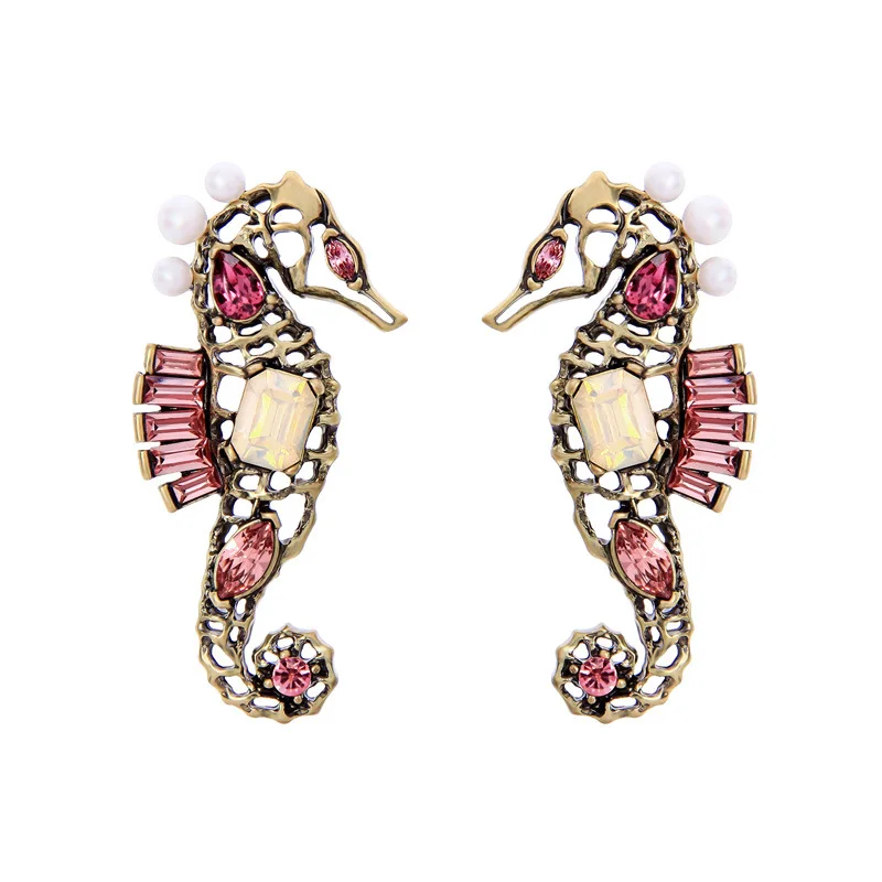New Personality Creative Sea Jewelry Vintage Hollow Seahorse Pearl Pink Crystal Gemstone Stud Earrings