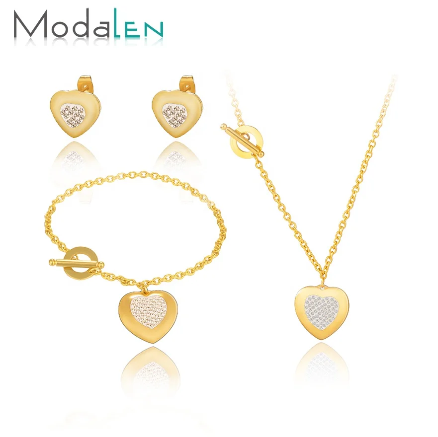 Modalen Heart Necklace Jewelry Stainless Steel Gold Zircon Necklace&Bracelet Set