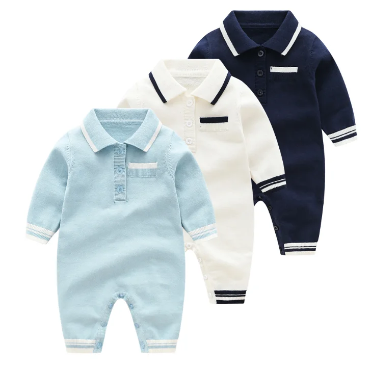 

High end polo collar knitted baby romper baby boy clothing RL190045, Blue black white