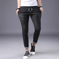 

summer men's denim jeans string pants Pure black Simple fashion rope fastened jeans youth trousers Square pocket
