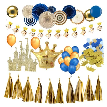 Gold Birthday Balloon Blue Paper Fan Royal Prince Party