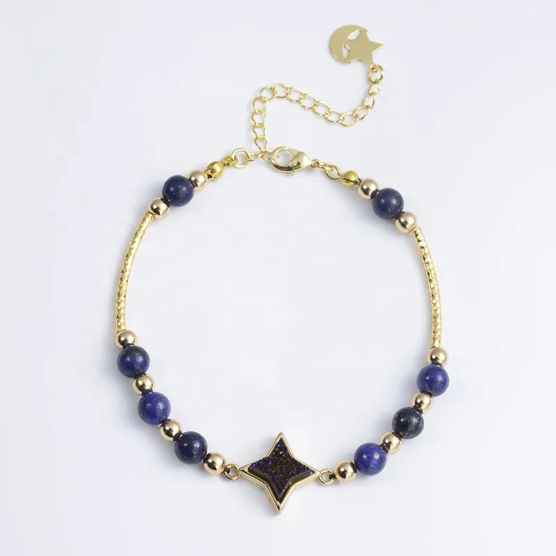 

Handmade Lapis Agate Stone Bead Brass Adjustable Bracelet