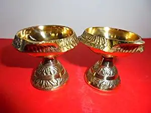 Artcollectibles India 2 Brass Lamp Oil Diwali Diya Diyas Rare Kuber India Hindu Puja Religious Temple
