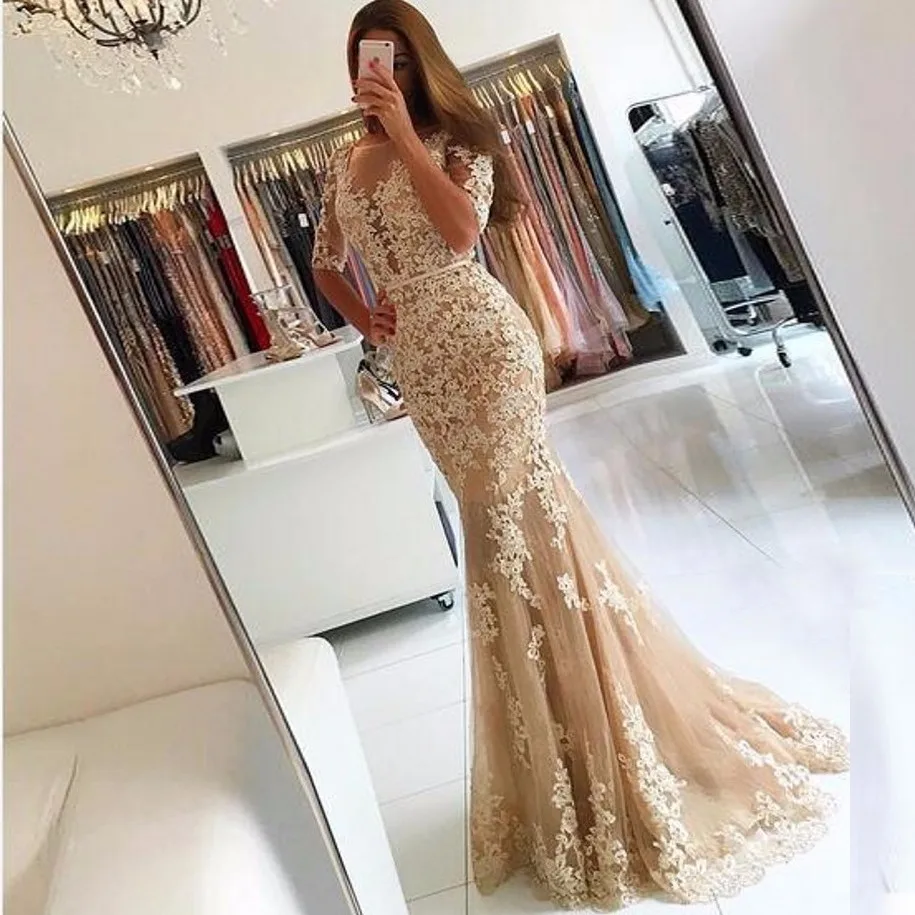 

Champagne Lace Tulle Mermaid Half Sleeves Sexy Backless Prom Dress Illusion Sheer Scoop Evening Dress Gown Evening Dresses 2018