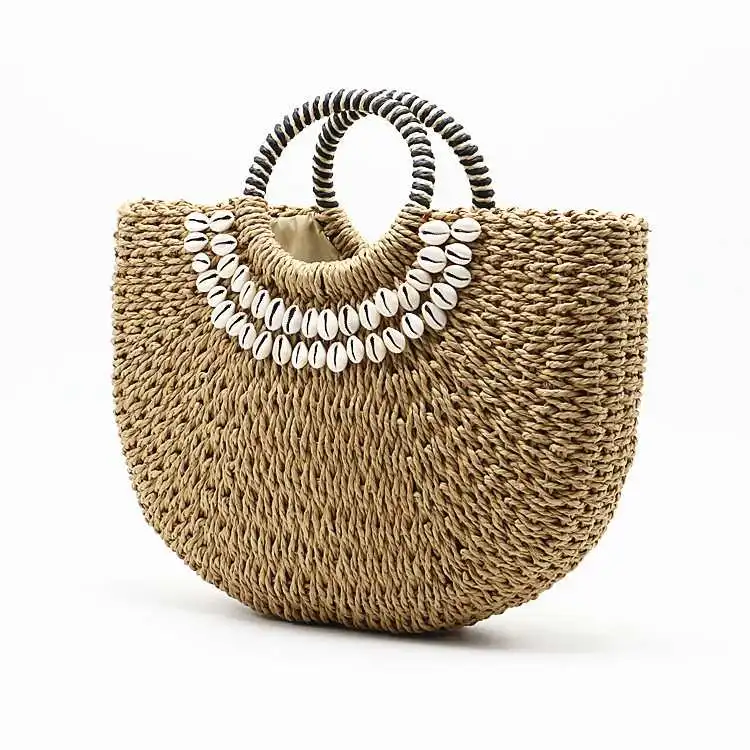 

New shell decoration bag straw bag woven beach handbag wholesale Straw Basket Bag Lady Handbag, Customizable