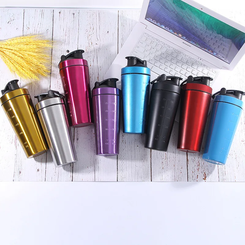 

Wholesale single wall 750ml stainless steel sport protein shaker bottle water custom logo, Available colors or custom