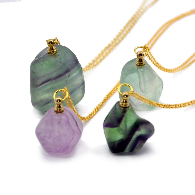 

Natural Fluorite Gemstone Elegant Perfume Bottle Jewelry Necklace Locket Essential Oil Raw Pendant Can Open Gift for Women