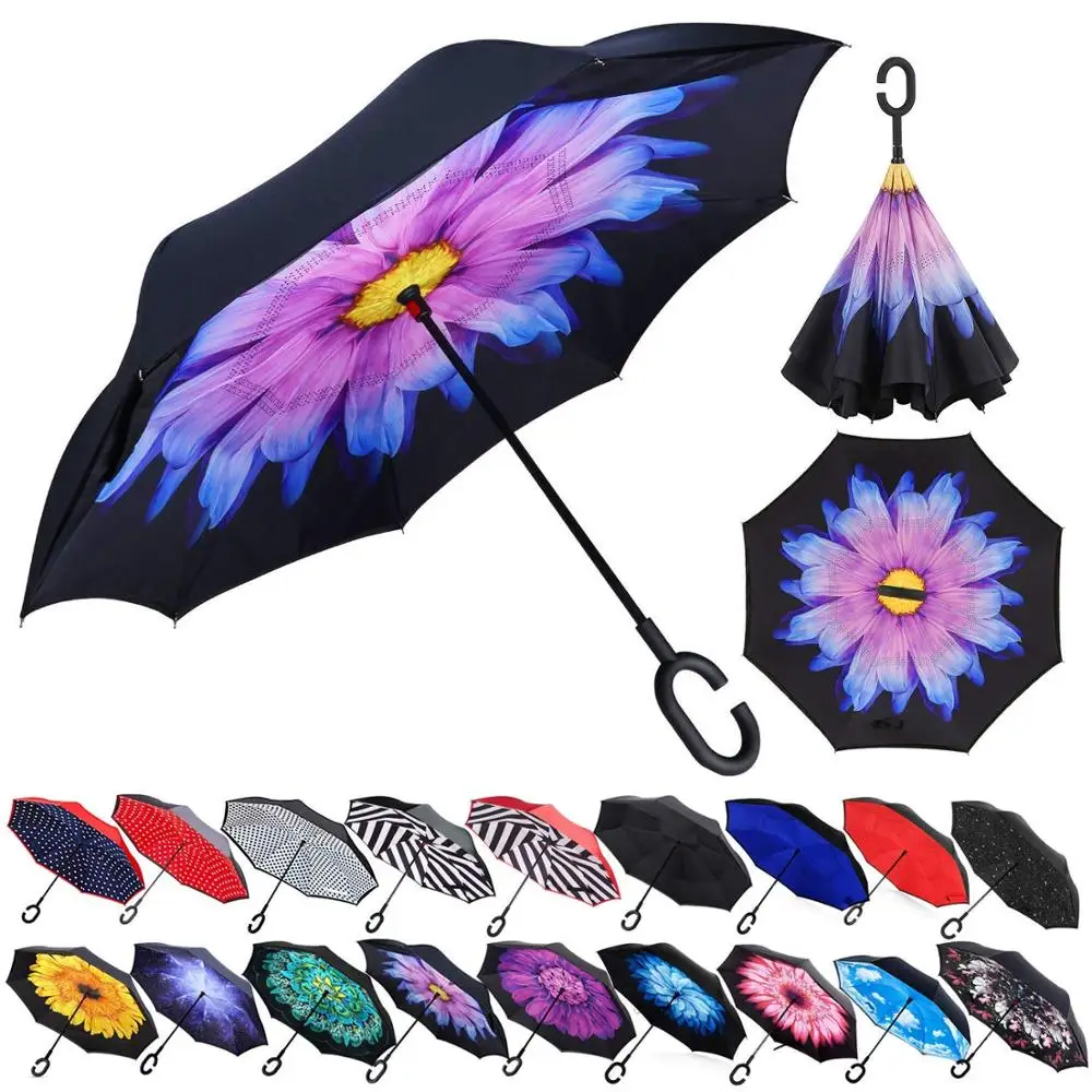 Extra Large Inverted Reverse Golf Umbrella with C-shape Handle Vented Windproof and Waterproof Manual Control Straight Pattern
