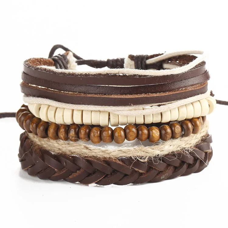 

Factory Price  Multilayer Diy Wood Beads Vintage Brown Leather Bracelets Jewelry for Men Women, Many colors you can choose