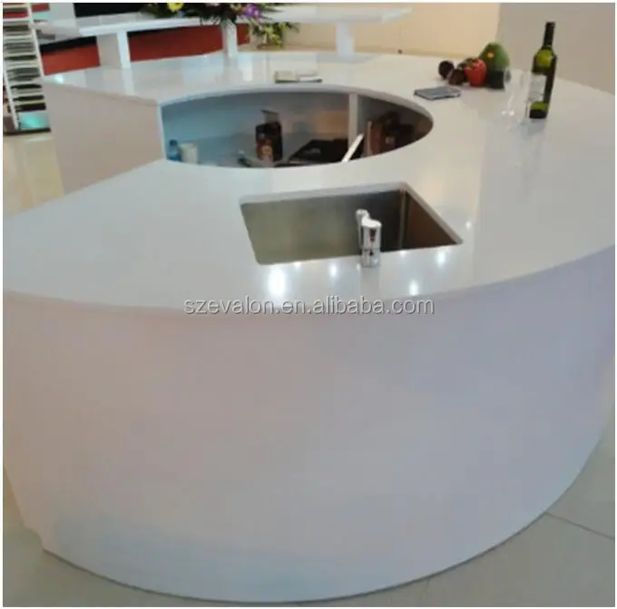 Snow White Solid Surface Kitchen Tops With Sink Quartz Stone