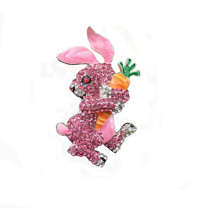 

Cute Rhinestone Brooch Pink Silver Tone Rabbit Radish Brooch Pin for Easter Gifts