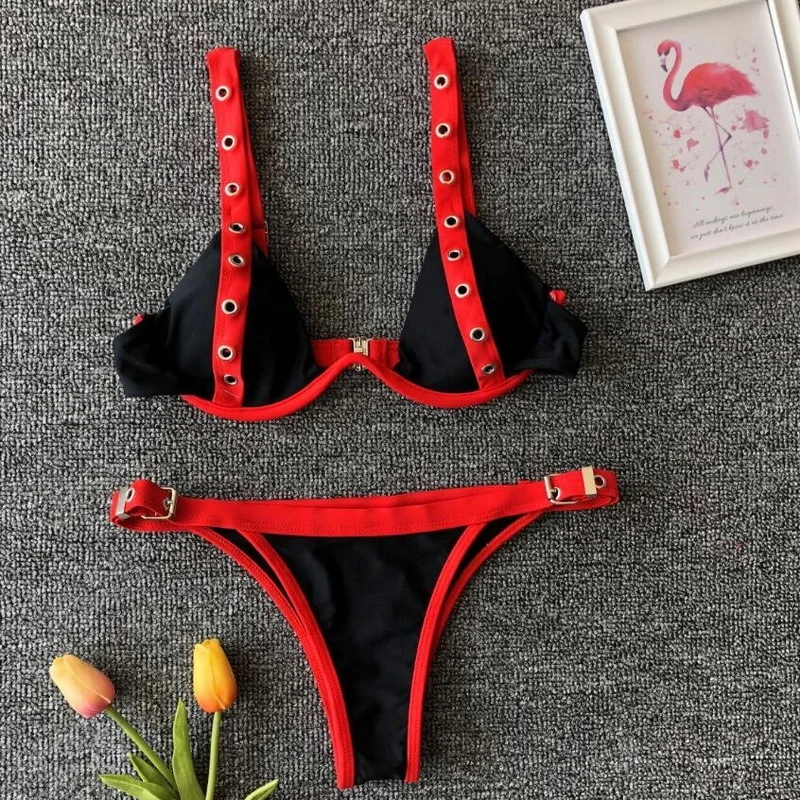 

2019 Hot Selling Fashion Sexy Women Black Thong Micro Bikini Buttonhole Adjustable Split Swimsuit, White, yellow, blue, orange, red, black, neon green, rose red