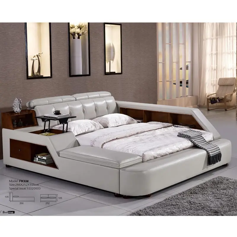 White genuine leather bed french royal fancy bedroom furniture sets