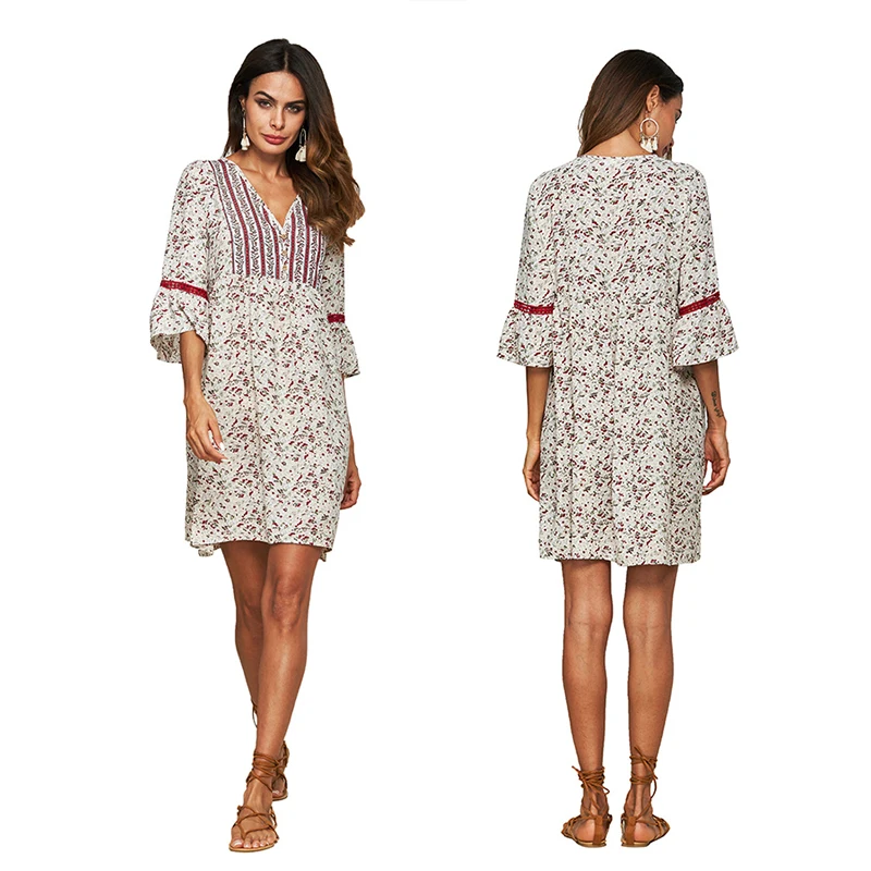 

100%Polyester Summer Autumn Holiday Shopping Plus Size Loose Floral Women Casual Chiffon Dress With 3/4 Sleeve, Floral;any colors is available