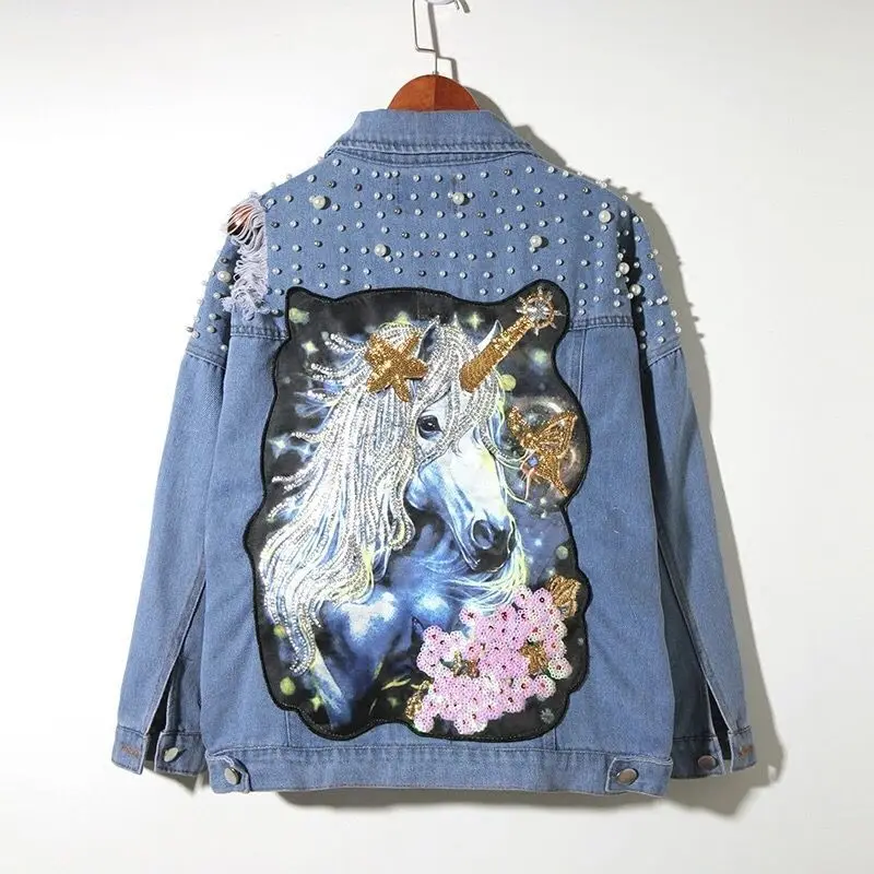 SP2948A  Spring Fall Pearl Beading Unicorn Jeans Coat  Women Denim Jacket