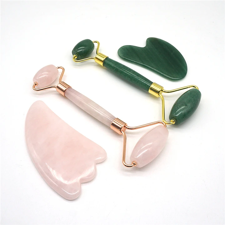 

Natural rose quartz gua sha tool anti aging skin care face massager jade roller set, Pink and green