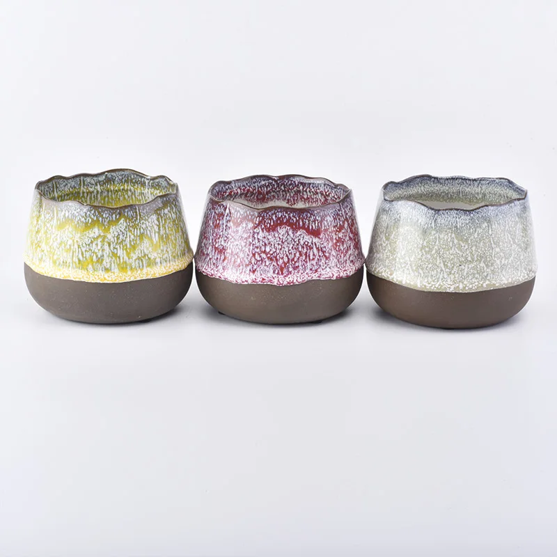 Waved edge dipped ceramic candle holder matte bottom purple home decoration