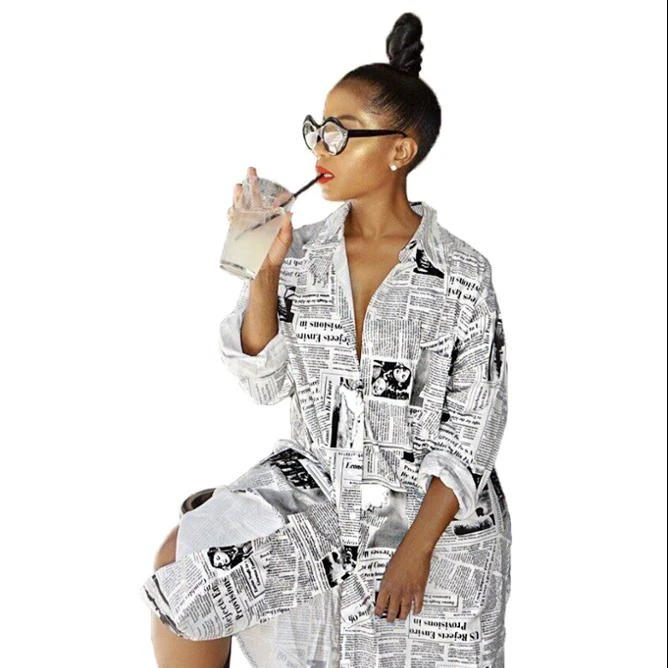 
New Arrivals Spring Fashion Women Casual Turndown Collar Single Breasted Newspaper Pattern Print Tunic Shirt Dress 
