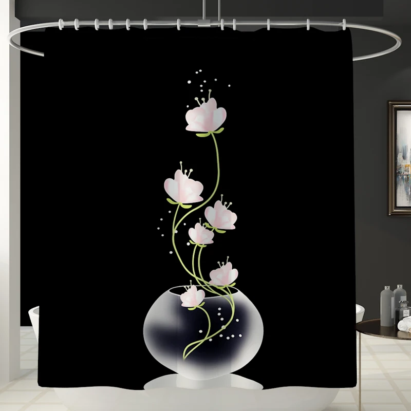 Black Lotus Printing Toilet Pad Cover Bath Mat Shower Curtain Set for Bathroom Decoration